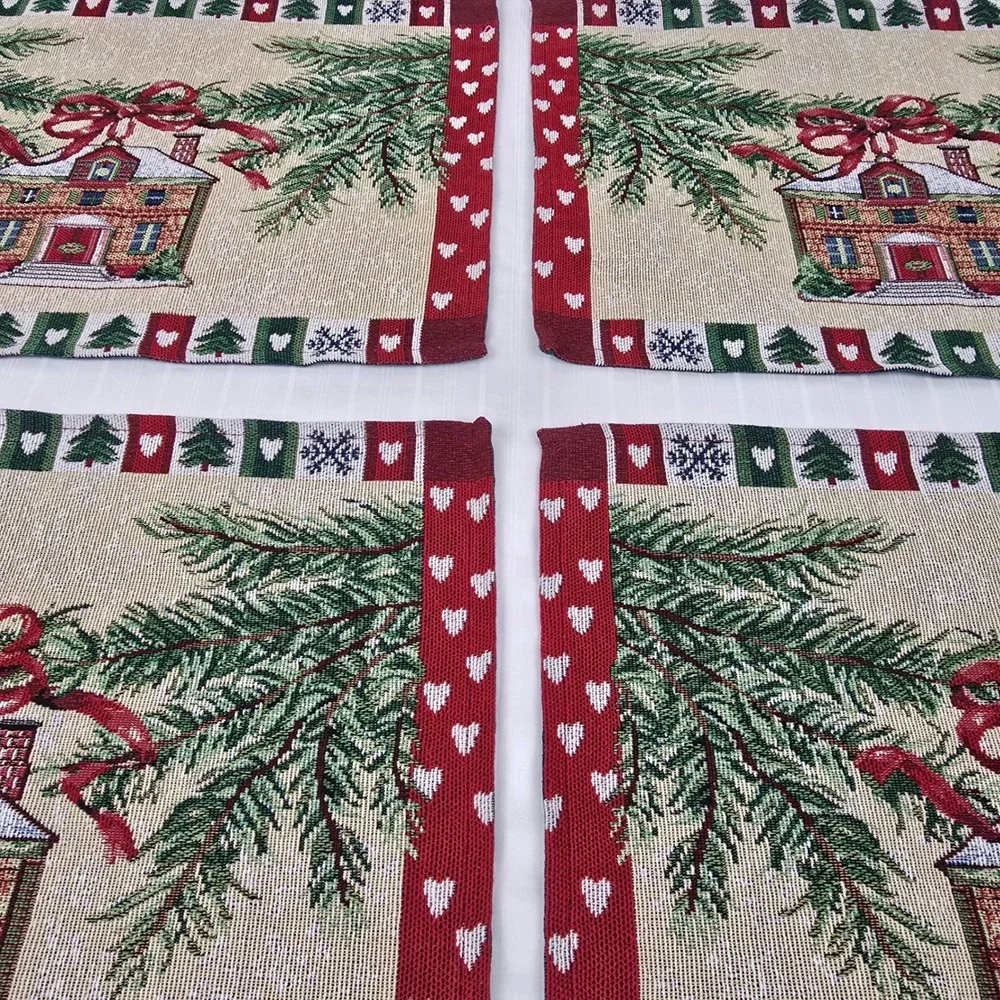 Vintage Christmas Tapestry Placemats Set Holiday Cottage Winter Decor 17.5x13